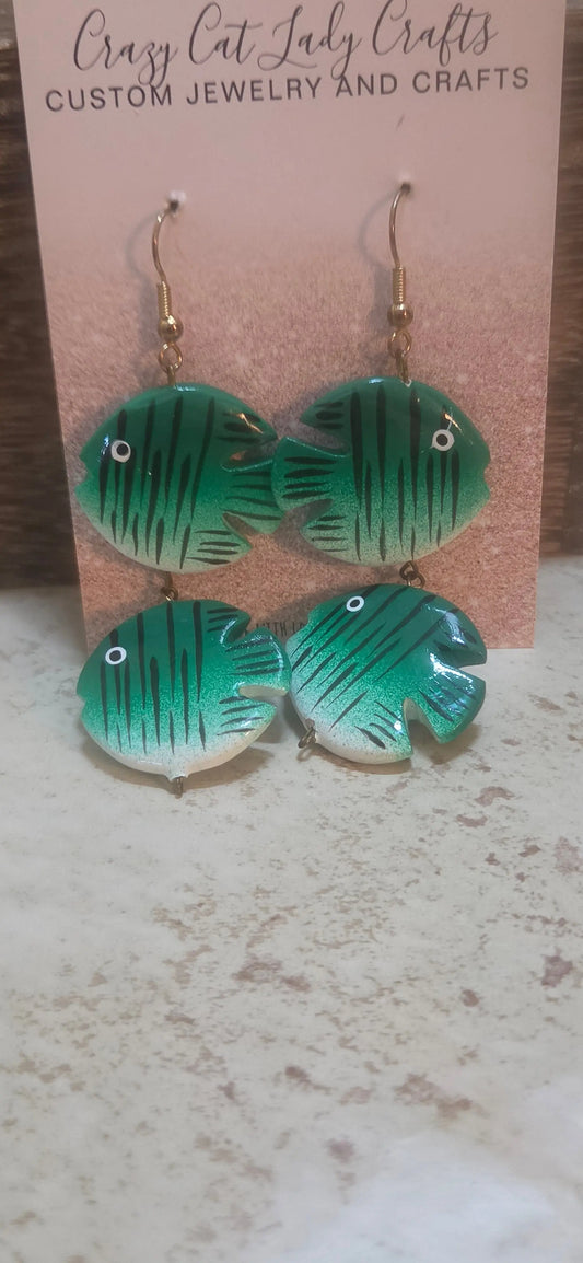Green and black striped fish that are double long earrings - Crazy Cat Lady Crafts