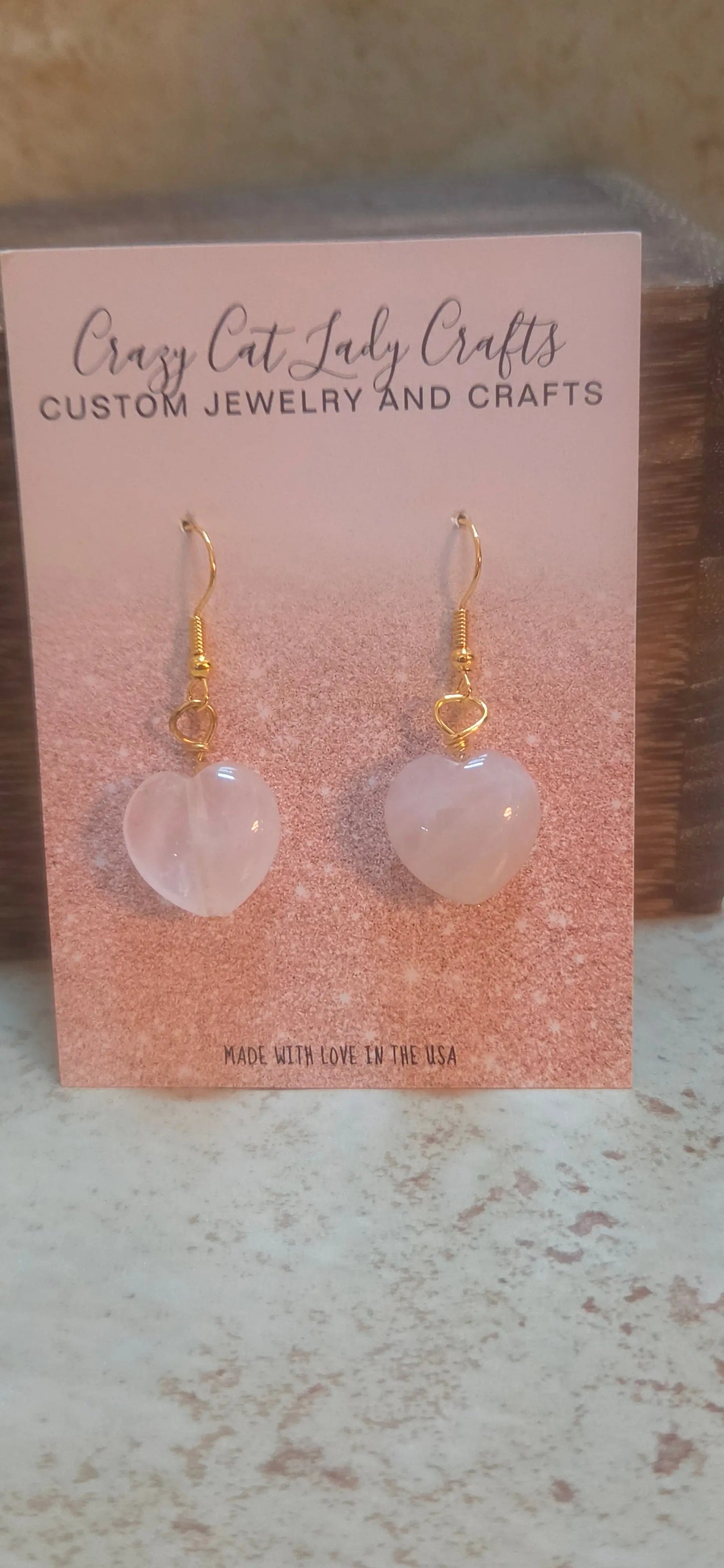 Rose quartz heart earrings - Crazy Cat Lady Crafts