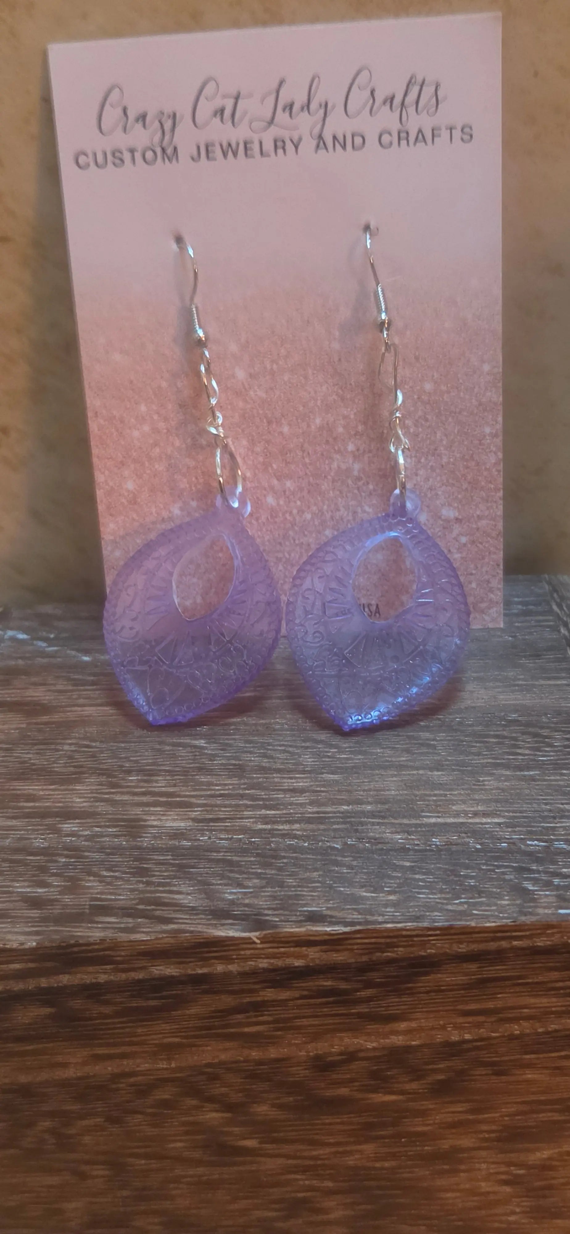 Purple oval earrings with a oval cut out and textured front - Crazy Cat Lady Crafts