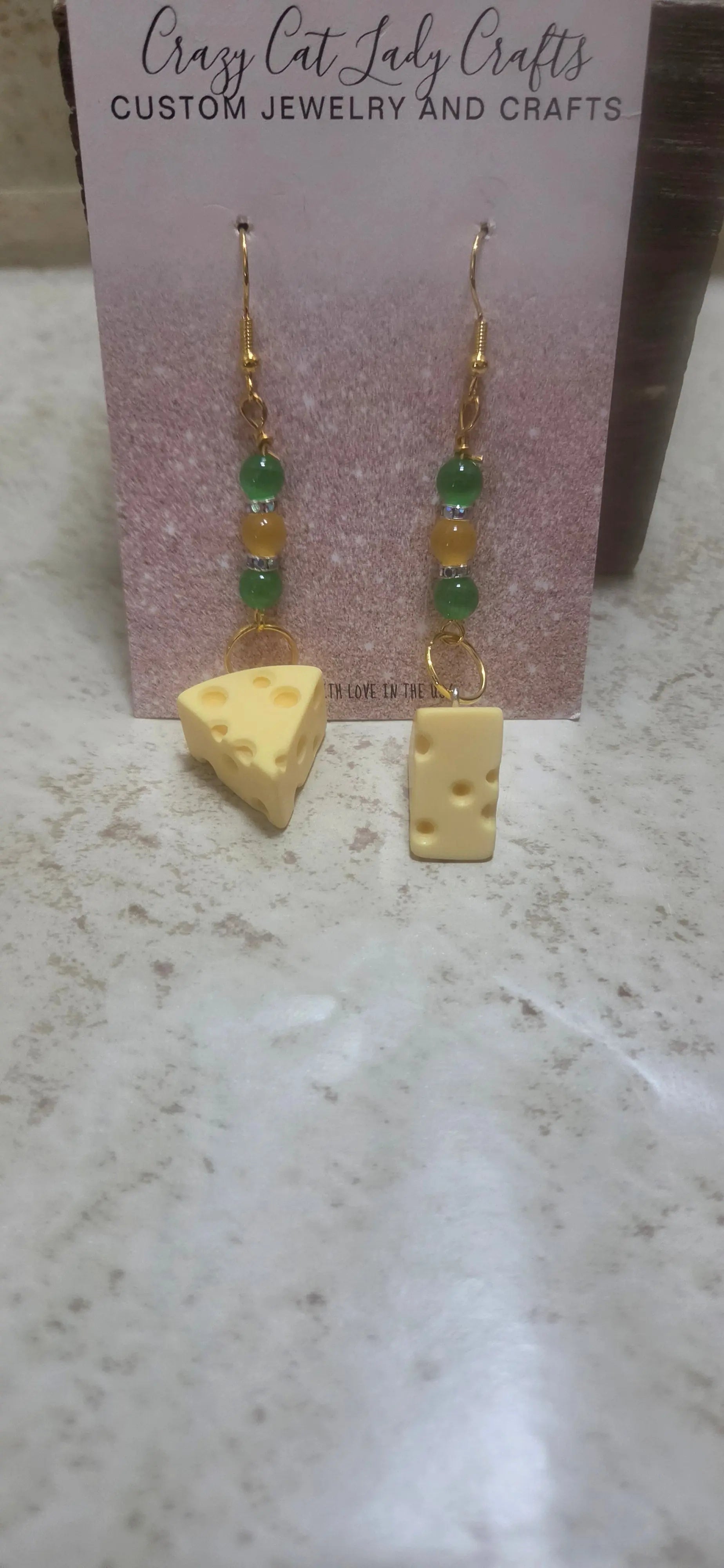 Green and gold cheese earrings - Crazy Cat Lady Crafts