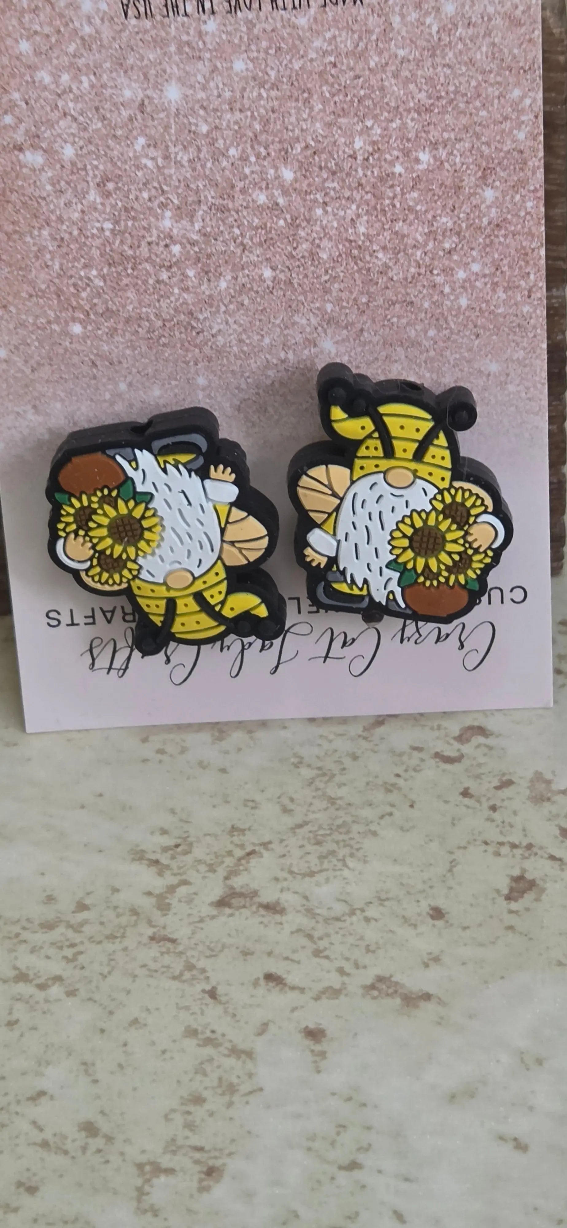 Yellow bee gnome with sunflowers post earrings - Crazy Cat Lady Crafts