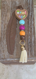 Brown silicone feather beaded bookmark with heart shaped and multi colored beaded and yellow tassel - Crazy Cat Lady Crafts