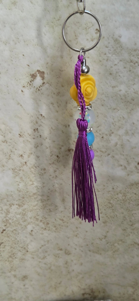 Mult colored beads and yellow flower bag tag - Crazy Cat Lady Crafts