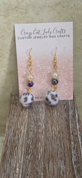 Black white and brown round fuzzy balls with beads earrings - Crazy Cat Lady Crafts