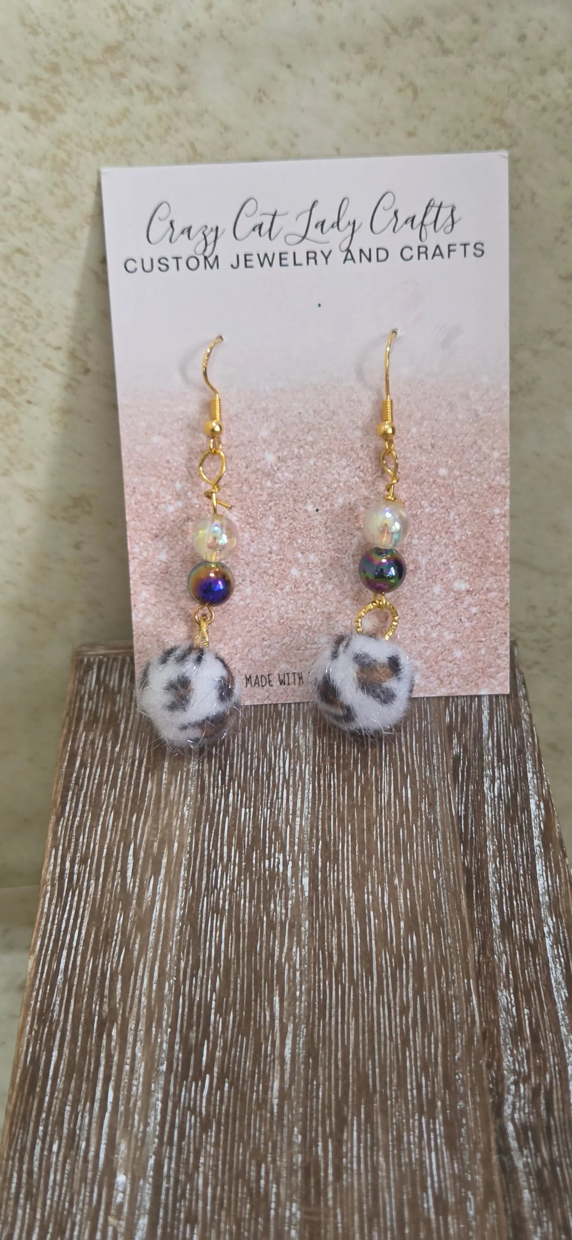 Black white and brown round fuzzy balls with beads earrings - Crazy Cat Lady Crafts