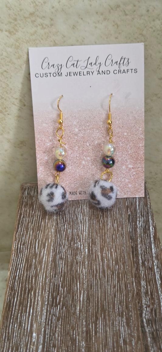 Black white and brown round fuzzy balls with beads earrings - Crazy Cat Lady Crafts