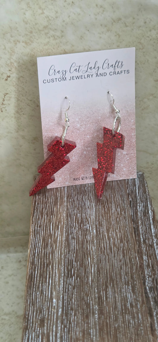 Red resin Lighting bolts earrings - Crazy Cat Lady Crafts