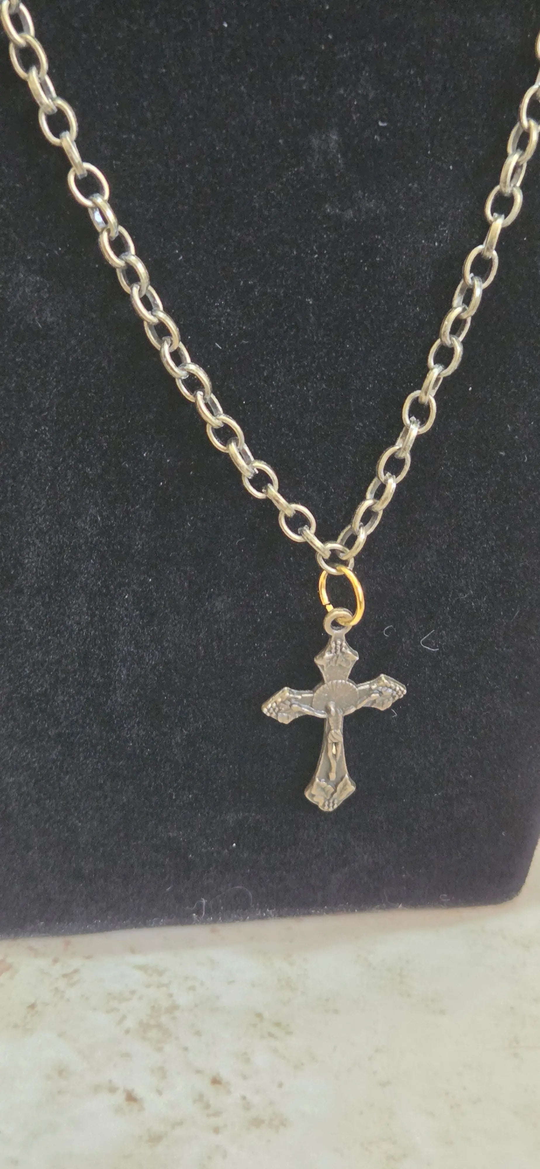 Bronze crucifix on bronze chain and gold magnetic closer pendant necklace - Crazy Cat Lady Crafts