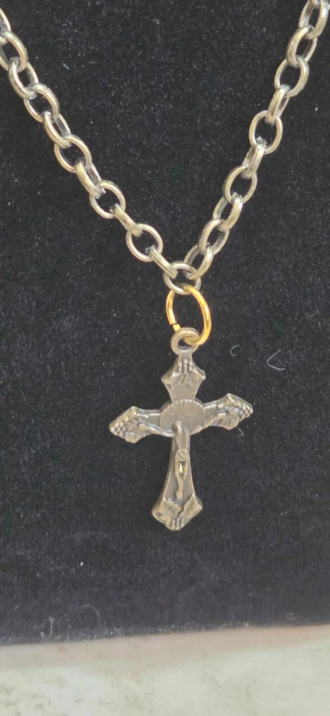 Bronze crucifix on bronze chain and gold magnetic closer pendant necklace - Crazy Cat Lady Crafts
