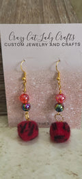 Red and black fuzzy round charms 2 beads earrings - Crazy Cat Lady Crafts
