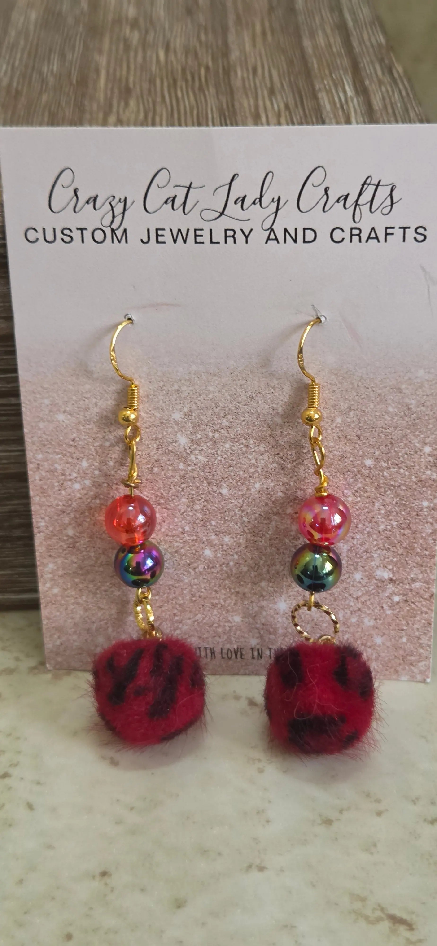 Red and black fuzzy round charms 2 beads earrings - Crazy Cat Lady Crafts