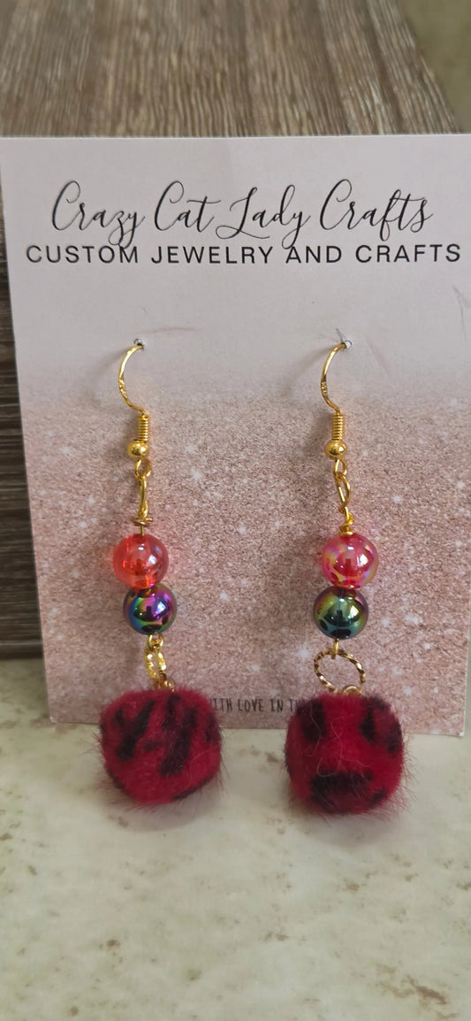Red and black fuzzy round charms 2 beads earrings - Crazy Cat Lady Crafts