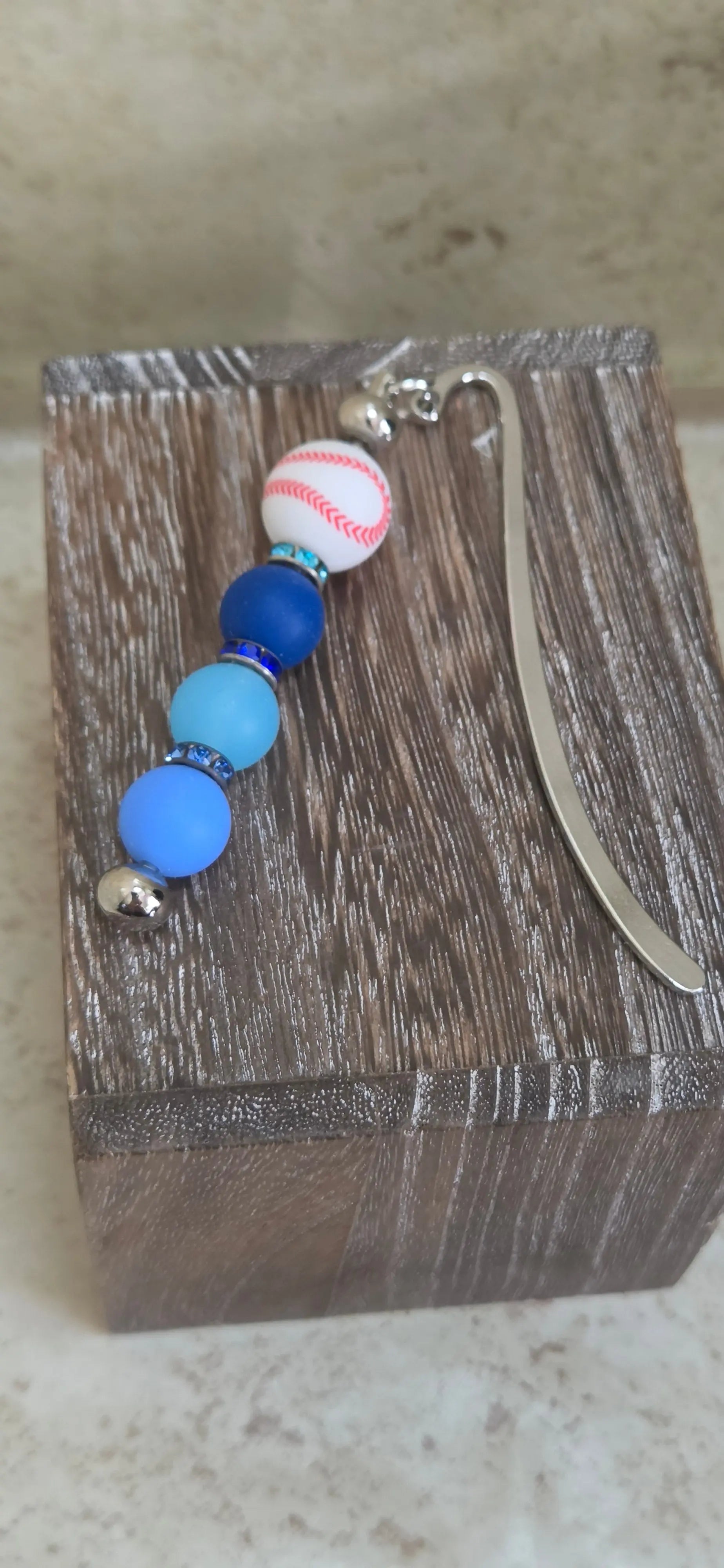 Small silver metal baseball with blue beads hook bookmark - Crazy Cat Lady Crafts