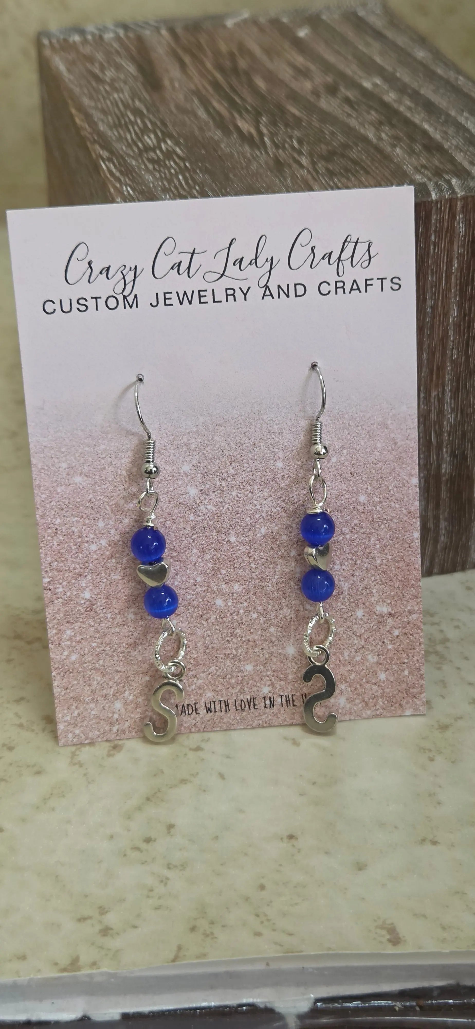 Custom beaded and silver heart initial earrings - Crazy Cat Lady Crafts