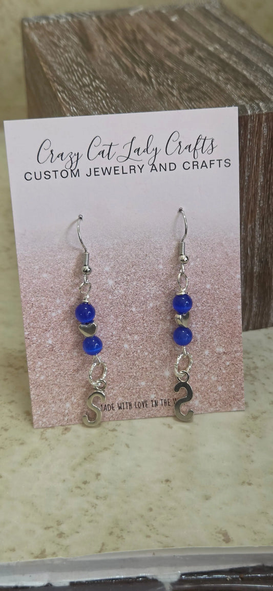 Custom beaded and silver heart initial earrings - Crazy Cat Lady Crafts