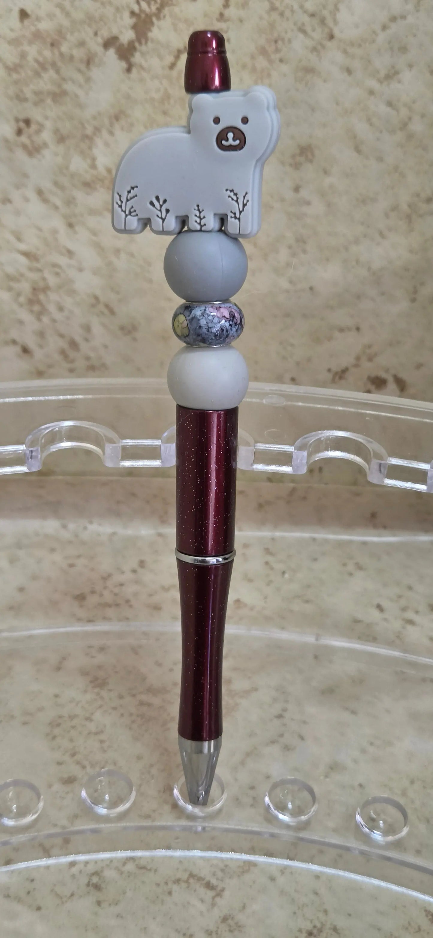 Brown sparkly pen a gray bear with gray beads and exltro refill - Crazy Cat Lady Crafts