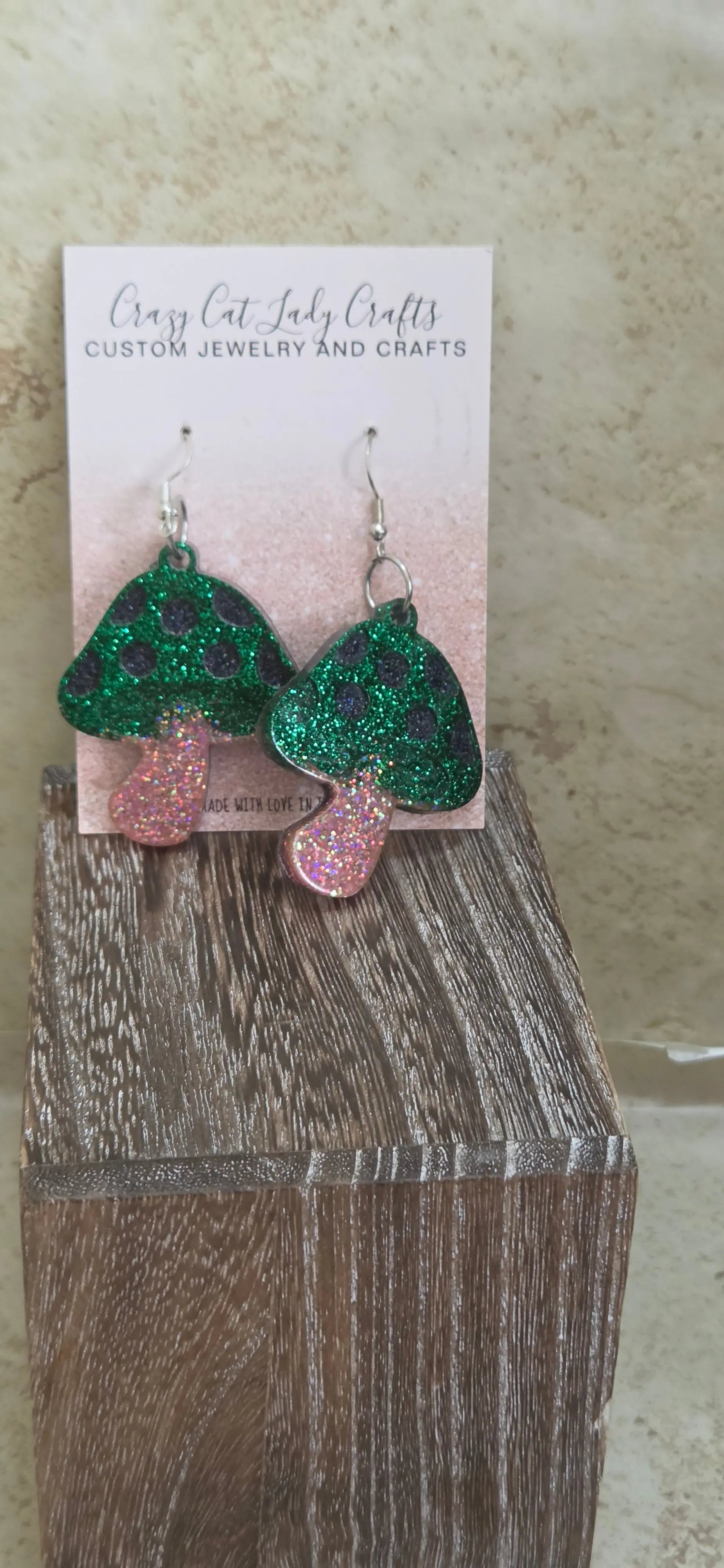 Resin green and pink mushroom earrings - Crazy Cat Lady Crafts