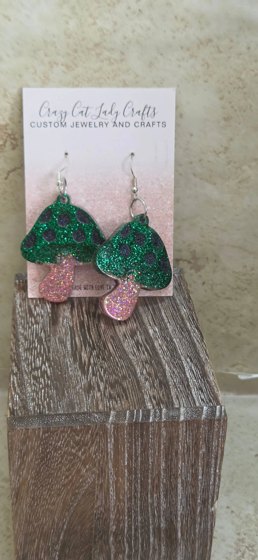 Resin green and pink mushroom earrings - Crazy Cat Lady Crafts