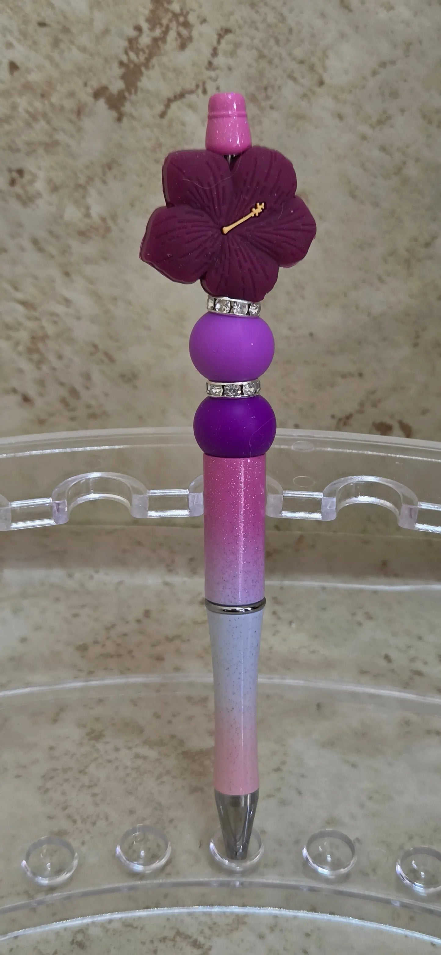 Burgundy silicone flower on pink and white ombre pen - Crazy Cat Lady Crafts