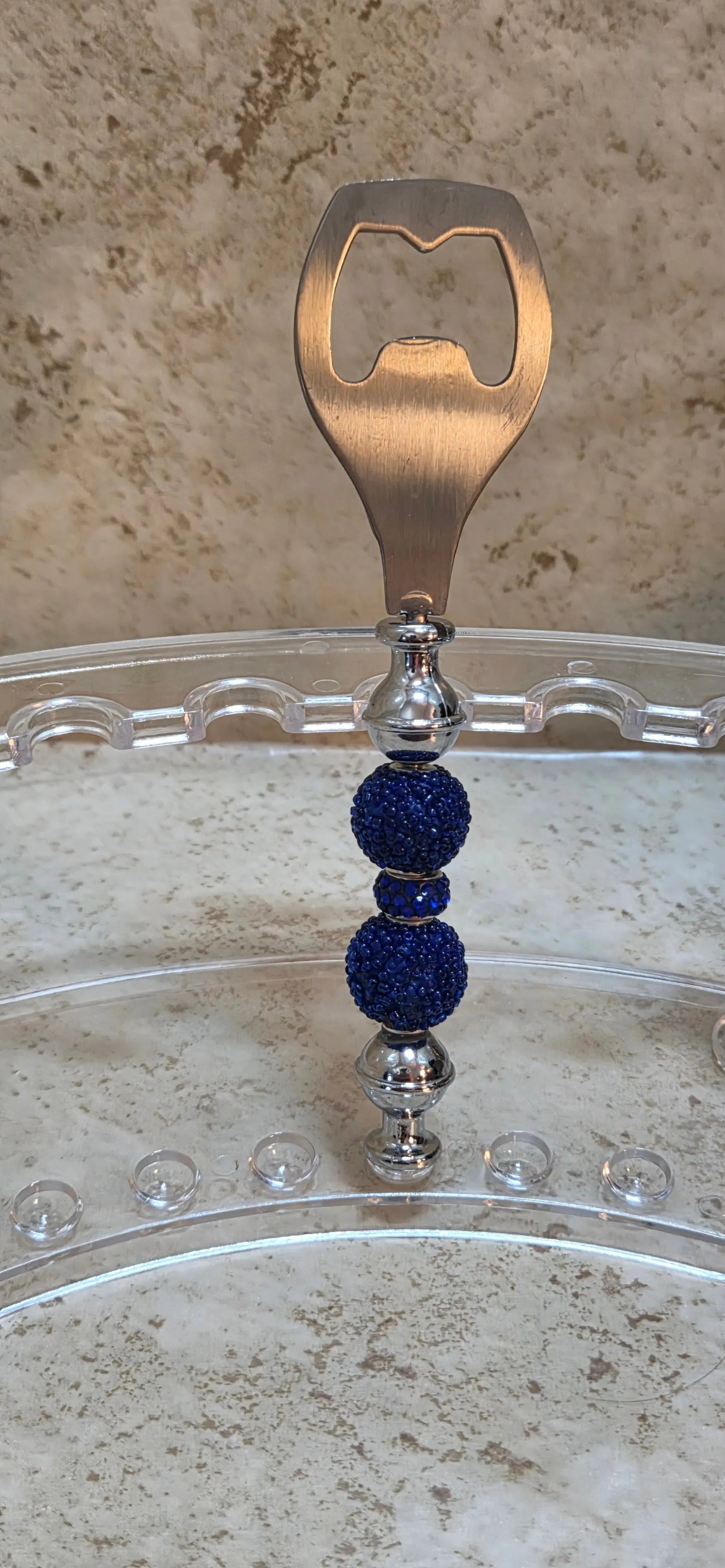 Blue beaded handled bottle opener - Crazy Cat Lady Crafts