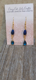 Electroplated blue teardrop beads and a blue and gold teardrop charm dangle earrings - Crazy Cat Lady Crafts