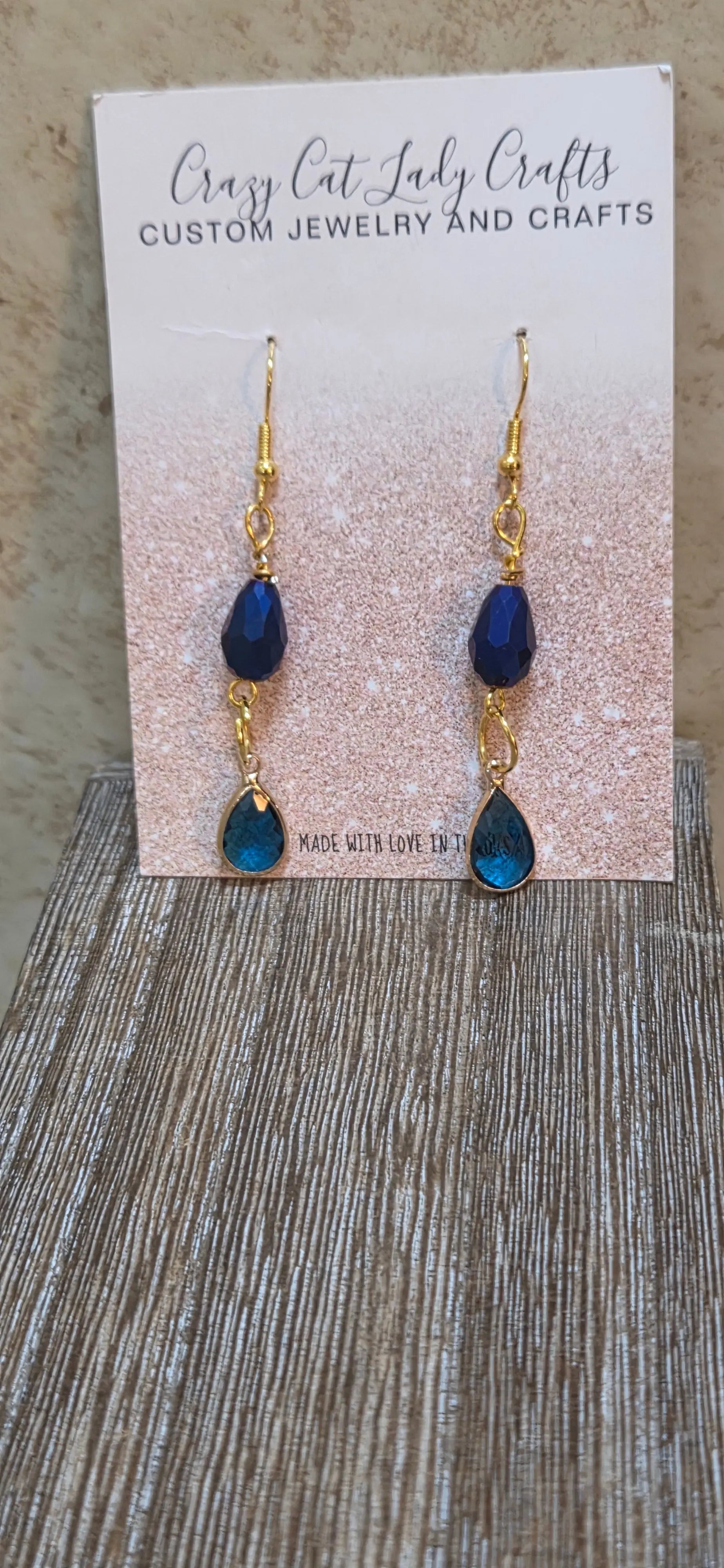 Electroplated blue teardrop beads and a blue and gold teardrop charm dangle earrings - Crazy Cat Lady Crafts