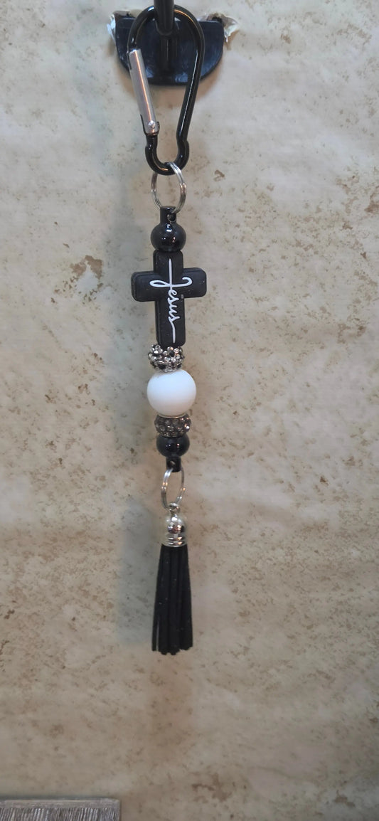 Jesus bag tag in black white and silver and a cross topper - Crazy Cat Lady Crafts