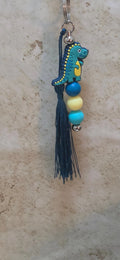 Cartoon dinosaur bag tag or key chain in teals and yellow - Crazy Cat Lady Crafts