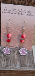 Pink sparkly paw print with 2 pink beads dangle earrings - Crazy Cat Lady Crafts