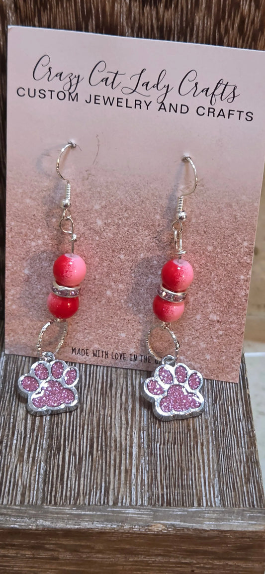 Pink sparkly paw print with 2 pink beads dangle earrings - Crazy Cat Lady Crafts