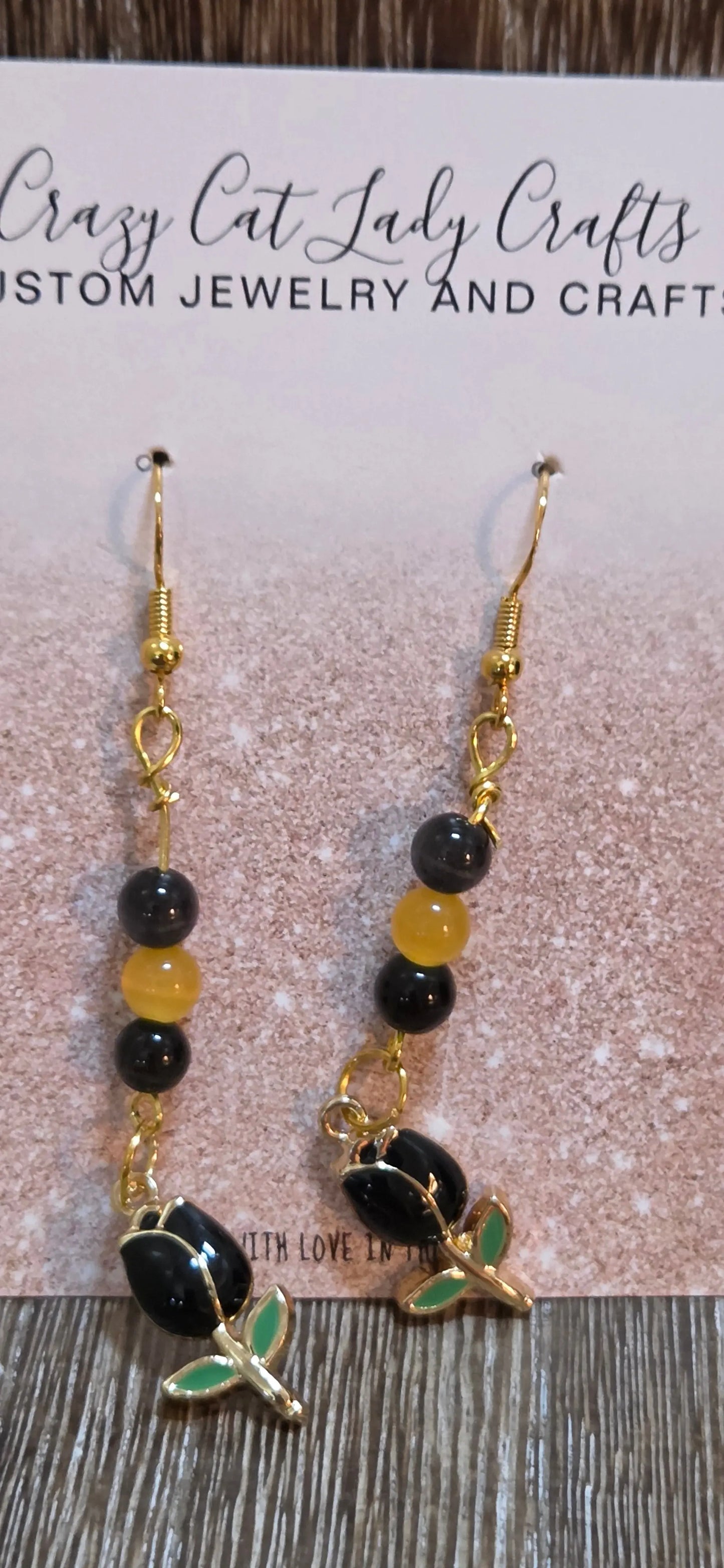 Black and gold dangle tulip earrings - Crazy Cat Lady Crafts