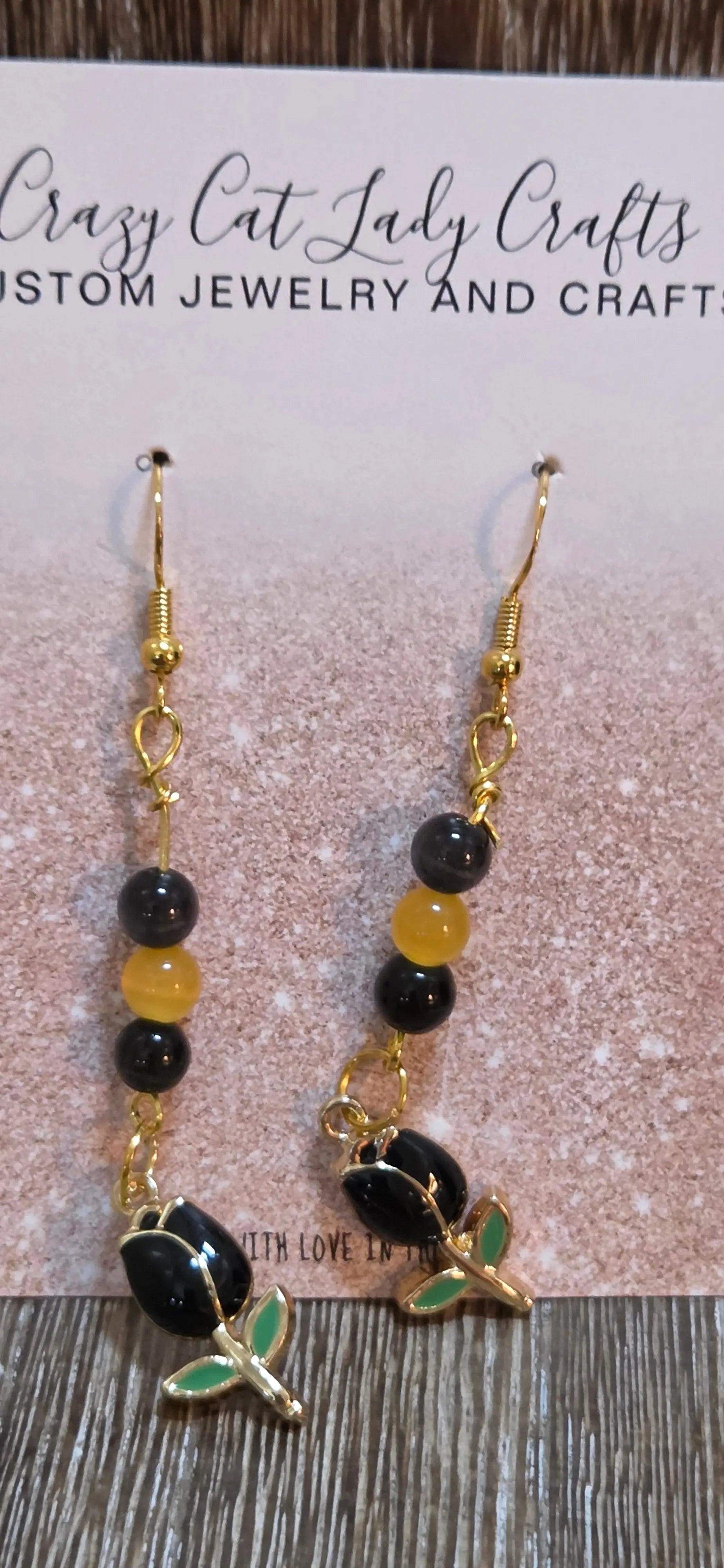 Black and gold dangle tulip earrings - Crazy Cat Lady Crafts
