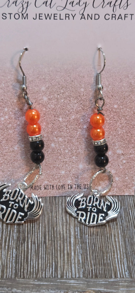 Black and orange born to ride dangle earrings - Crazy Cat Lady Crafts