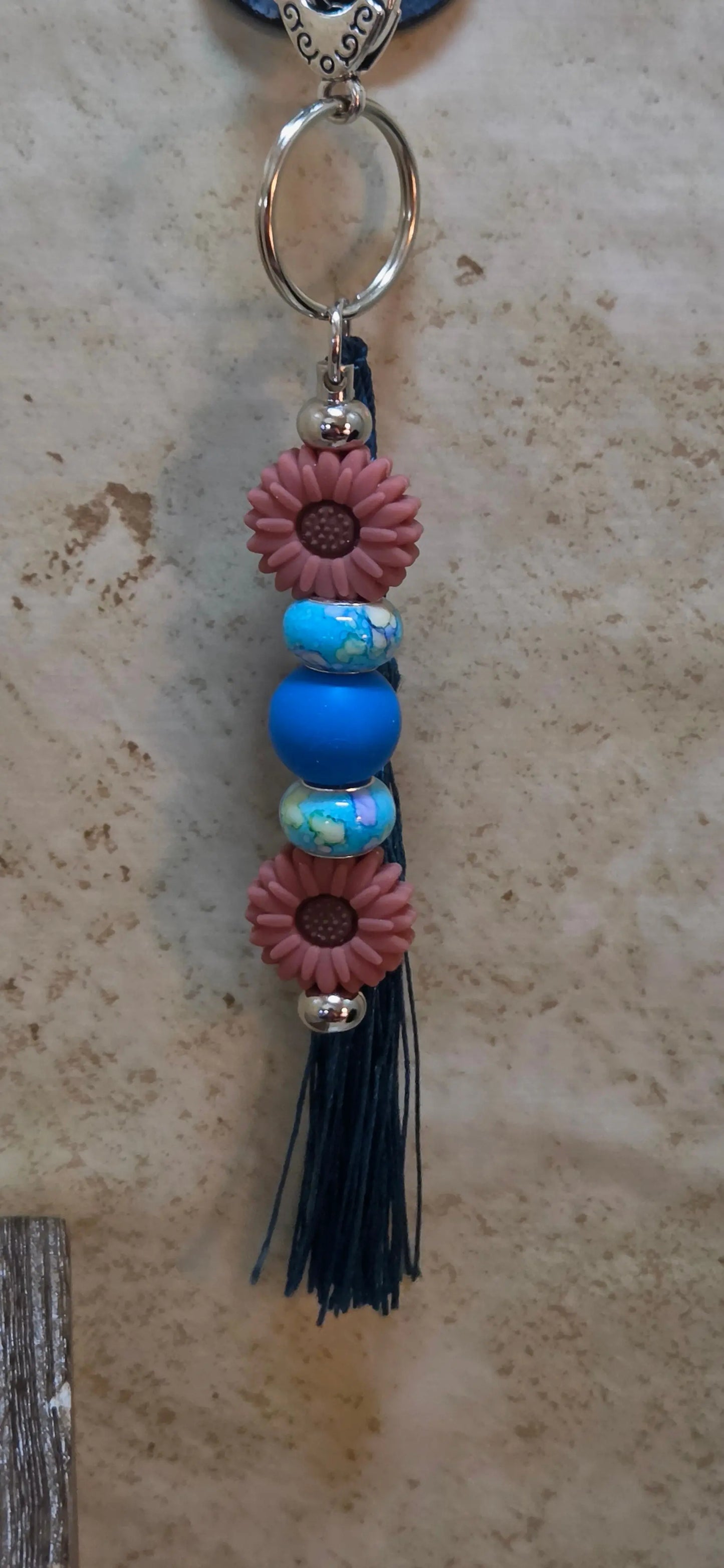 2 Brown silicon daisies and blue beads bag tag or key chain - Crazy Cat Lady Crafts