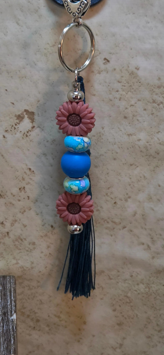 2 Brown silicon daisies and blue beads bag tag or key chain - Crazy Cat Lady Crafts