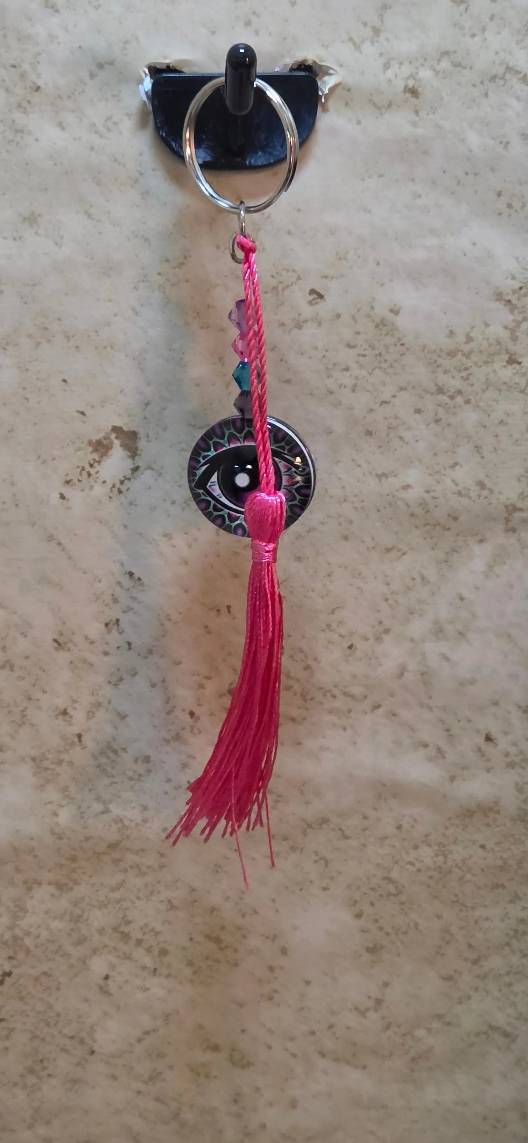 Dragon eye with pink tassel and beads key chain - Crazy Cat Lady Crafts
