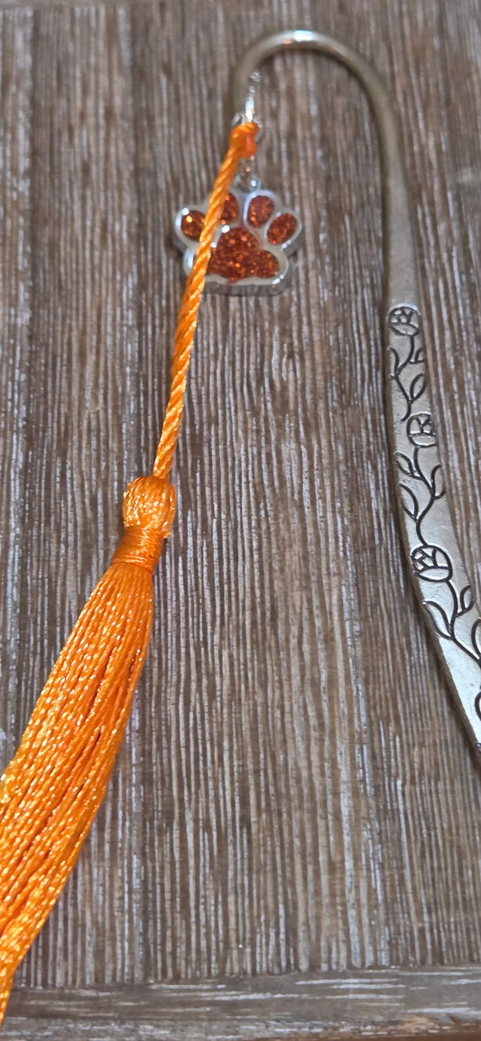 Large metal hook bookmark with orange paw print and tassel - Crazy Cat Lady Crafts