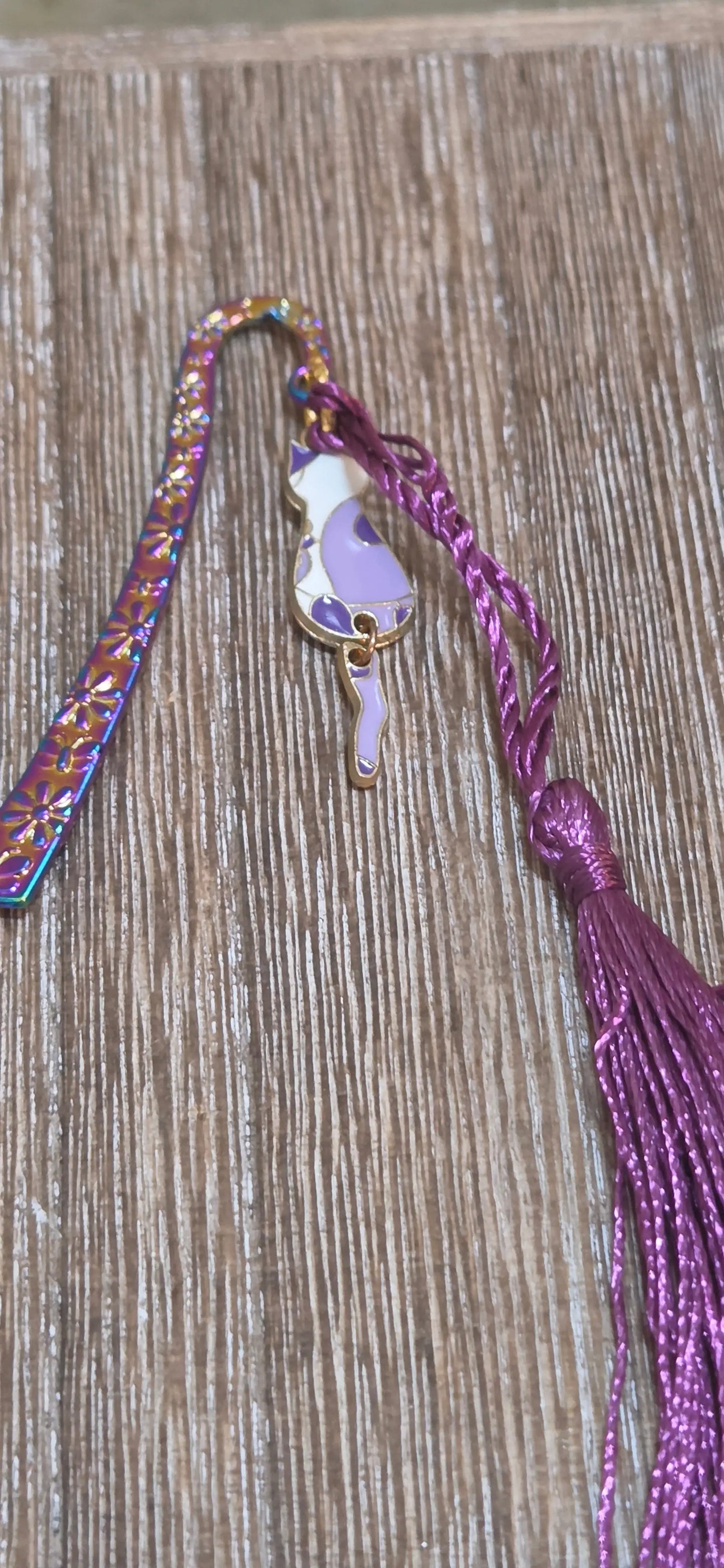 Small electroplated metal hook bookmark with a purple and white cat charm and purple tassel - Crazy Cat Lady Crafts