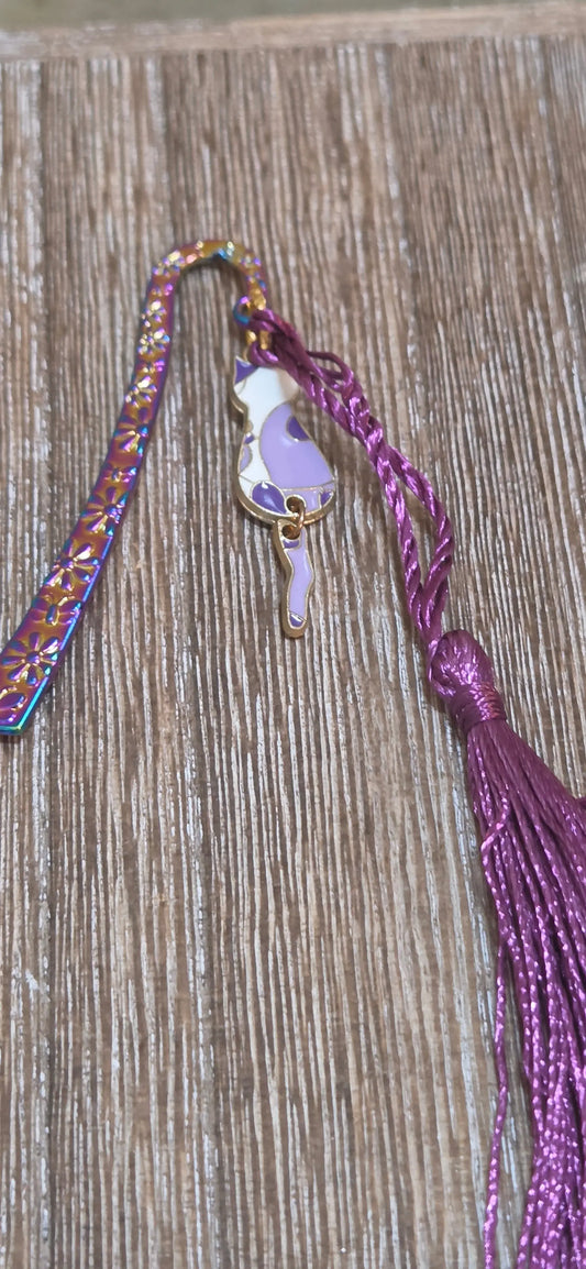 Small electroplated metal hook bookmark with a purple and white cat charm and purple tassel - Crazy Cat Lady Crafts