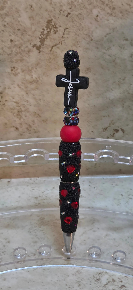 Large black barreled pen with red hearts and a black cross in white says Jesus - Crazy Cat Lady Crafts