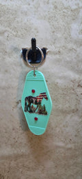 imitation of s hotel key chain with a horse of made of the American flag in light green - Crazy Cat Lady Crafts