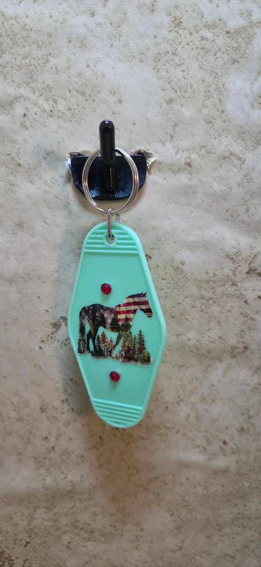 imitation of s hotel key chain with a horse of made of the American flag in light green - Crazy Cat Lady Crafts