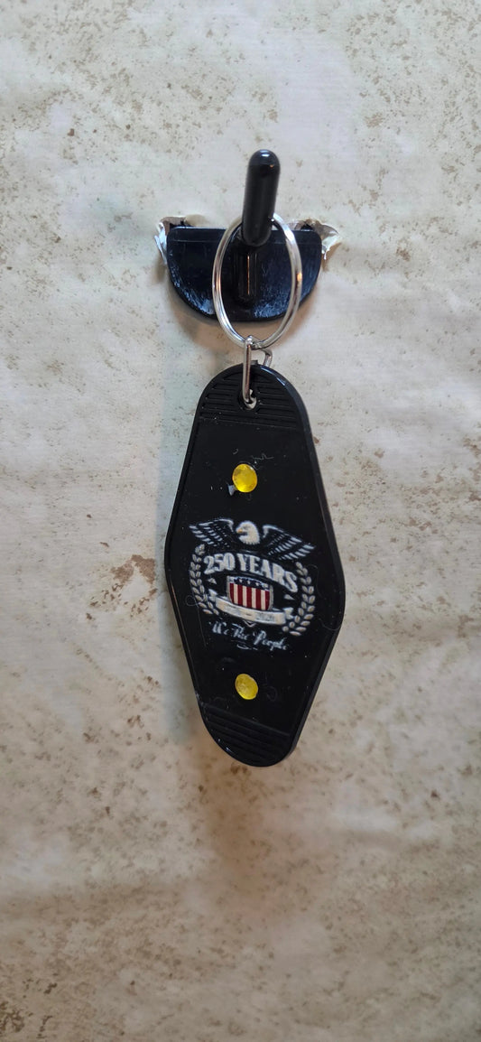 Black hotel key ring with 250 years with eagle emblem - Crazy Cat Lady Crafts