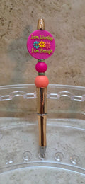 Gold barreled pen with pink and orange beads and I am worthy I am Enough - Crazy Cat Lady Crafts
