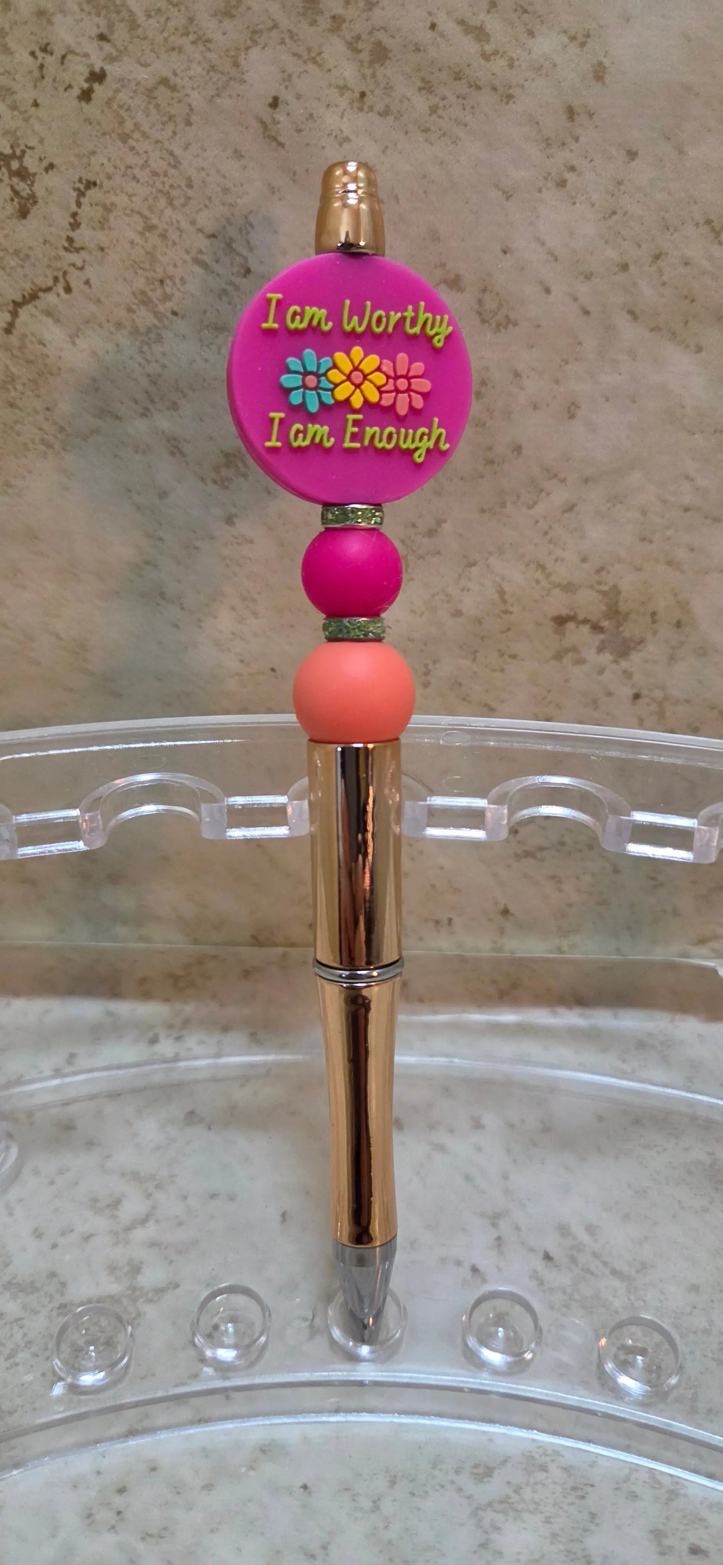 Gold barreled pen with pink and orange beads and I am worthy I am Enough - Crazy Cat Lady Crafts