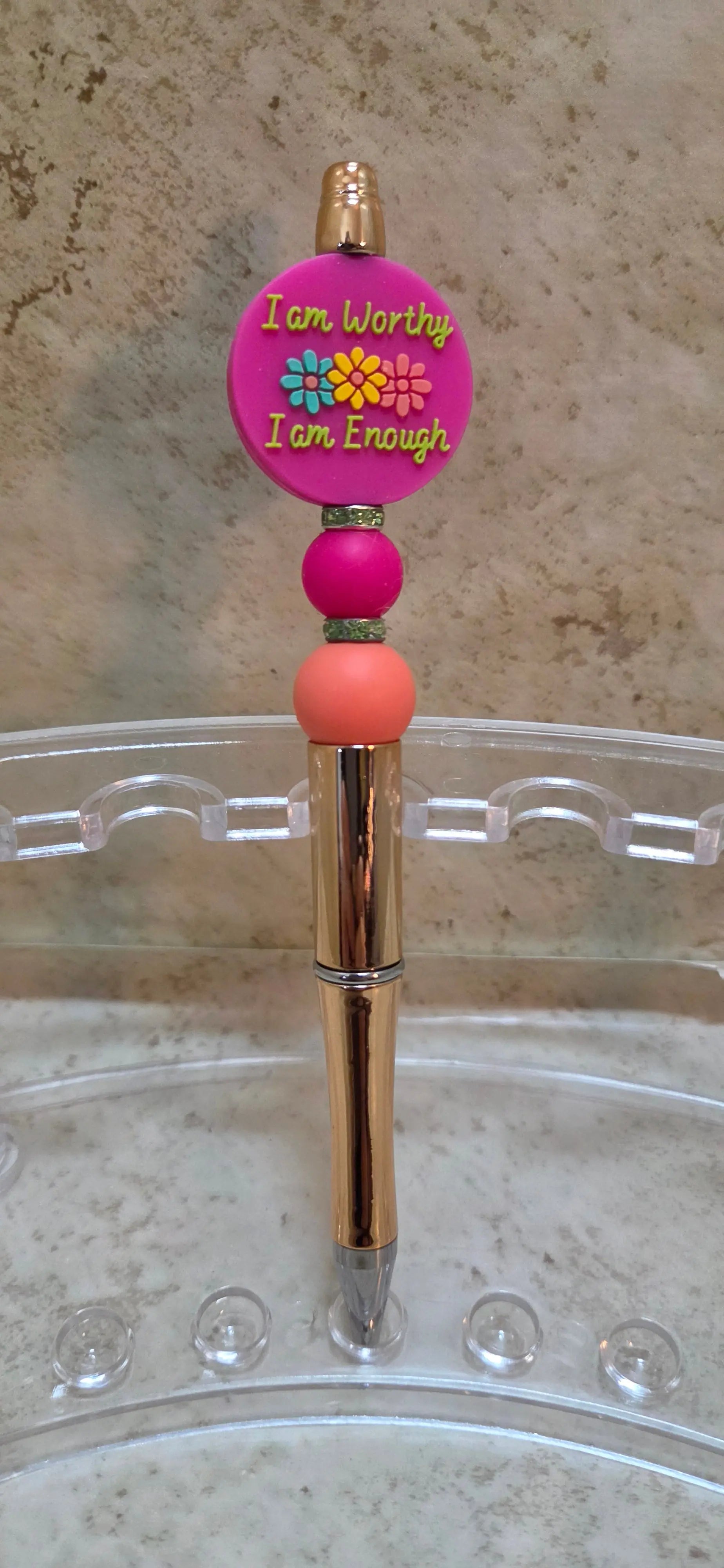 Gold barreled pen with pink and orange beads and I am worthy I am Enough - Crazy Cat Lady Crafts