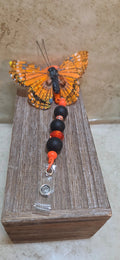 Large orange and black butterfly retractable beaded badge holder - Crazy Cat Lady Crafts