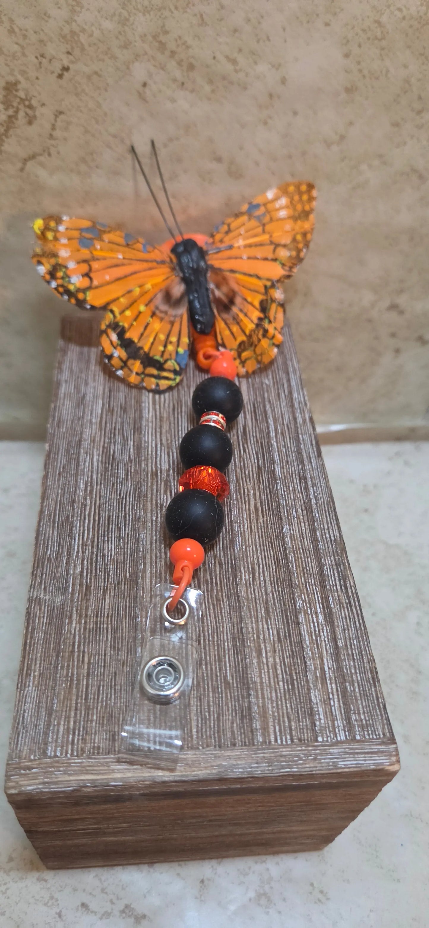 Large orange and black butterfly retractable beaded badge holder - Crazy Cat Lady Crafts