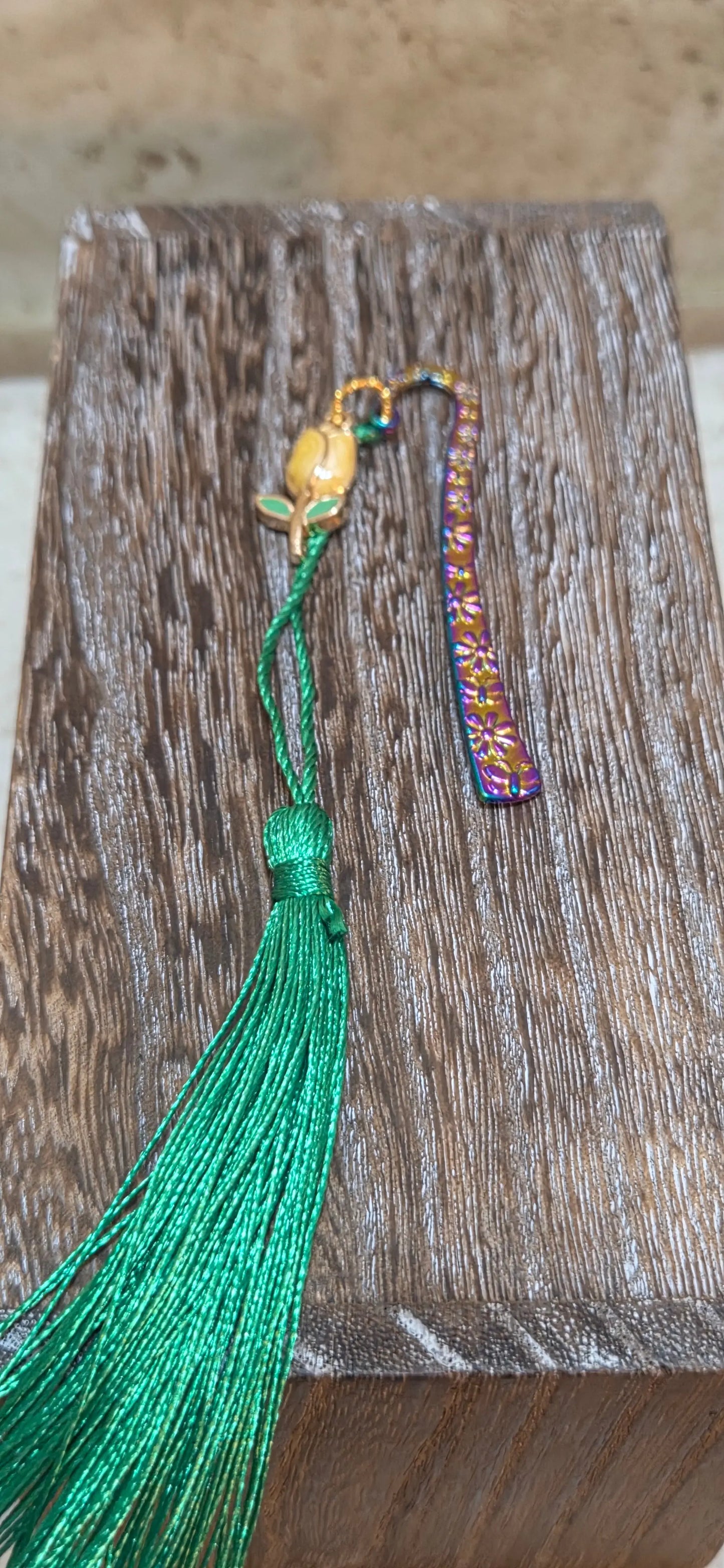 Small electroplated metal hook bookmark with a yellow tulip and green tassle - Crazy Cat Lady Crafts