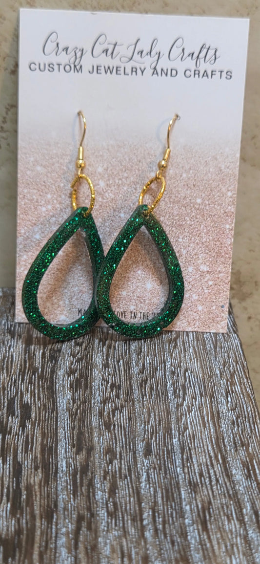 Green sparkly teardrop resin earrings - Crazy Cat Lady Crafts